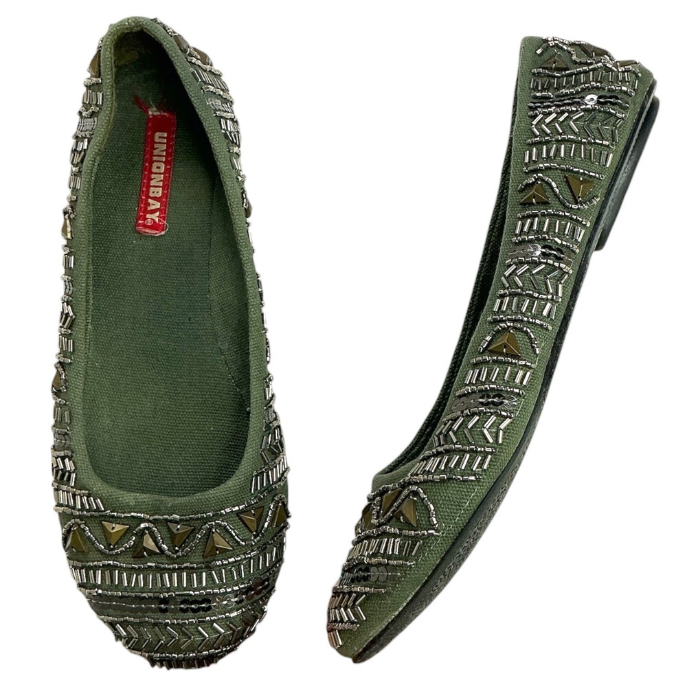 Unionbay Olive Green Ballet Flats Womens 7.5 Aztec Beaded Studded Sequined Shoes